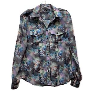 BEBE Colorful Abstract Print Chiffon Button Up Roll Tab Blouse XS